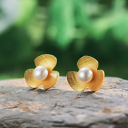 Clover Flower Pearl Stud Earrings