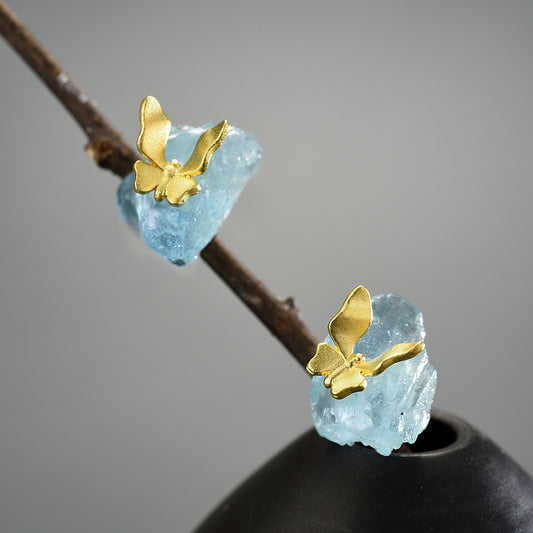 Deja Veux Jewelry Aqua Butterfly Stud Earrings  Metals Type: 925 Sterling Silver / 18K Gold plated Main Stone: Aquamarine Item Weight: about 2.89g