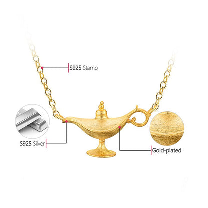 Deja Veux Jewelry Aladdin's Lamp Pendant  Metals Type: 925 Sterling Silver / 18K Gold plated Chain Length: 40cm plus extension 5cm (15.7" + 2") Item Weight: about 4.31g    