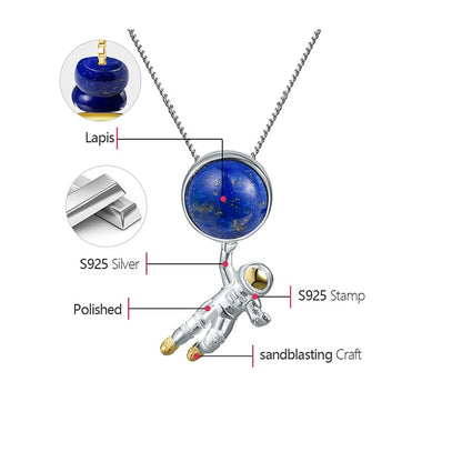 Astronaut Pendant  Metals Type: 925 Sterling Silver / 18K Gold plated Main Stone: Lapis Lazuli Item Weight: about 2.47g