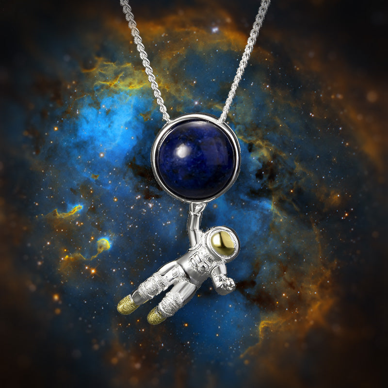 Astronaut Pendant  Metals Type: 925 Sterling Silver / 18K Gold plated Main Stone: Lapis Lazuli Item Weight: about 2.47g